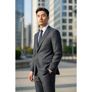 Gant Men’s 2 Piece Navy Blue Windowpane Check Pleated Euro Fit Suit Size In Disc